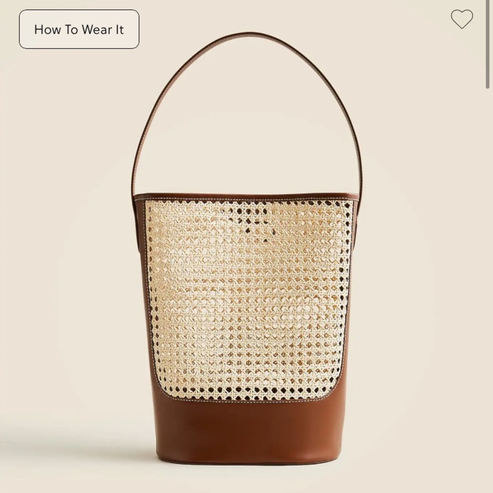 J. Crew Brown Leather & Natural Raffia Bucket Shoulder Bag